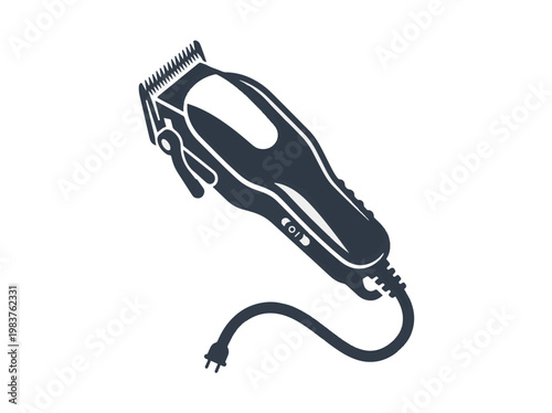 A dark silhouette of an electric hair clipper with a cord and plug is shown against a white background.