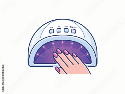A hand with manicured nails is placed under a UV nail lamp, which is a device used to cure gel polish for manicures.