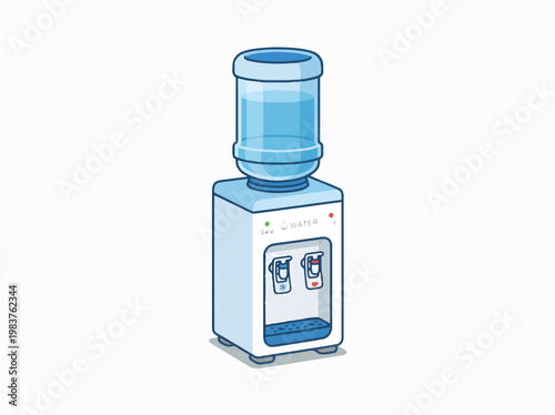A cartoon-style illustration of a freestanding water cooler with a blue bottle on top and two taps, one for cold, one for hot water.