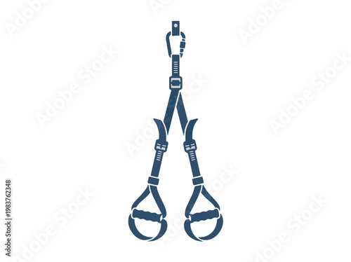 A dark blue, stylized illustration of a suspension trainer, also known as TRX straps, hanging from a carabiner on a white background.