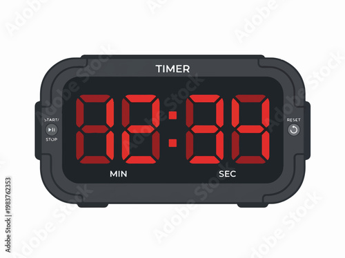 A digital timer displays 00:00 in red digits, with TIMER at the top and buttons for start/stop and reset.