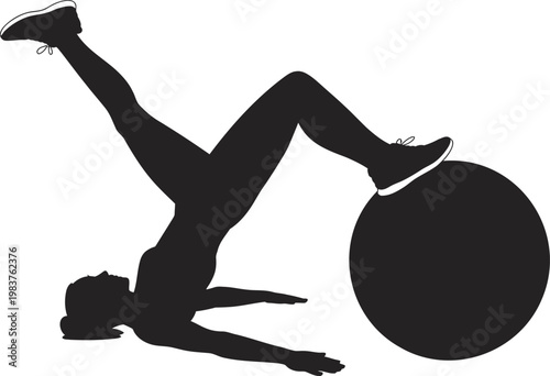 Black silhouette of a woman performing a glute bridge exercise with one leg extended in the air while the other foot rests on a large fitness ball against a plain white background