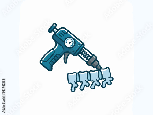 A blue caulking gun dispenses a line of blue, segmented material resembling a spine or vertebral column.
