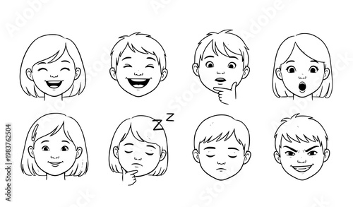 Child doodle face icon set with hand drawn pencil sketch kids portraits and playful emotion expressions vector illustration