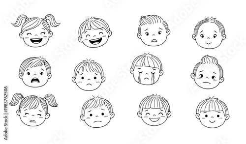 Funny child expression doodle face set hand drawn sketch kids emotion icons pencil style cartoon vector illustration