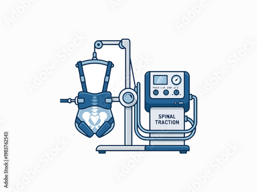 A spinal traction device, illustrating a harness suspended and attached to a control unit, indicating therapeutic treatment.