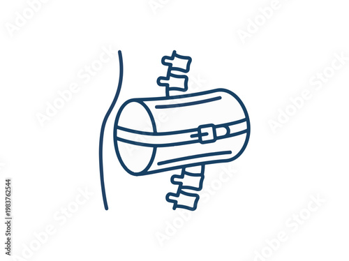 A minimalist line drawing shows a cylindrical object with a strap and buckle wrapped around it, attached to a stylized spinal column.