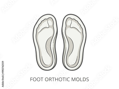 Overhead view of two white foot orthotic molds with gray outlines, designed for personalized shoe inserts.