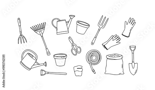 Minimal gardening tool doodle icon collection hand drawn garden care equipment and backyard maintenance line vector set