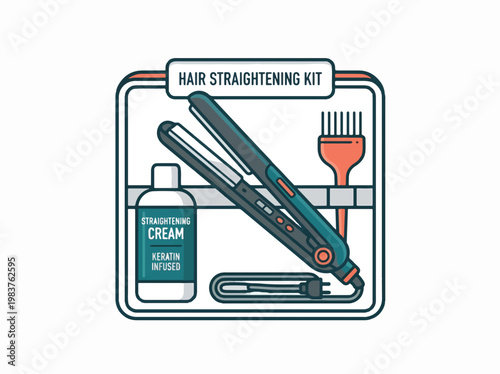 A graphic illustration of a hair straightening kit, featuring a flat iron, straightening cream, and a brush, presented in a clean, stylized design.
