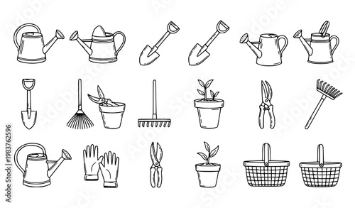 Hobby gardening hand drawn doodle icon set with plant care tools and garden maintenance equipment vector outline illustration
