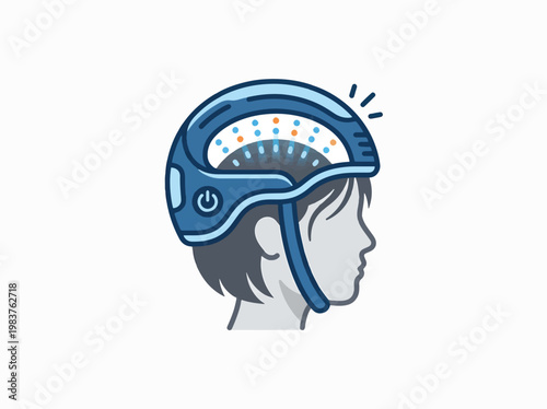 A profile illustration of a person wearing a futuristic blue helmet with glowing dots inside, suggesting brain stimulation or technology.