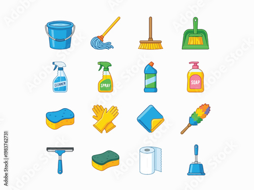 A vibrant set of cartoon-style cleaning supplies and household tools, including mops, buckets, sprays, sponges, and a duster, arranged on a clean white background.