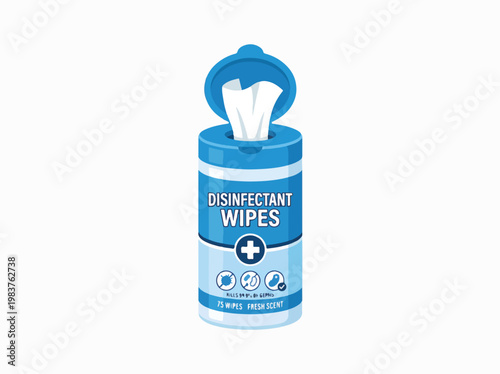 A blue and white canister of disinfectant wipes, with the lid open and a wipe pulled out. Text indicates it kills 99.9% of germs.
