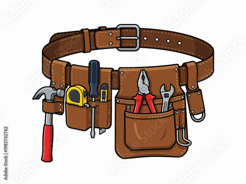 A cartoon illustration of a brown leather tool belt filled with various hand tools like a hammer, screwdriver, pliers, and wrench.