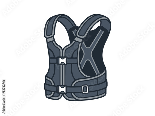 A dark gray and blue protective vest with buckles and straps, designed for safety and support, presented as a simple illustration on a white background.