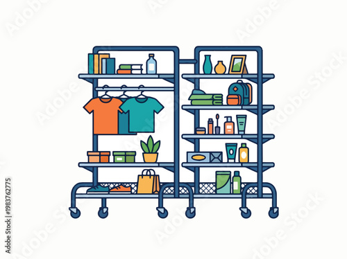 A retail display rack with clothes, shoes, bags, books, toiletries, and decorative items.