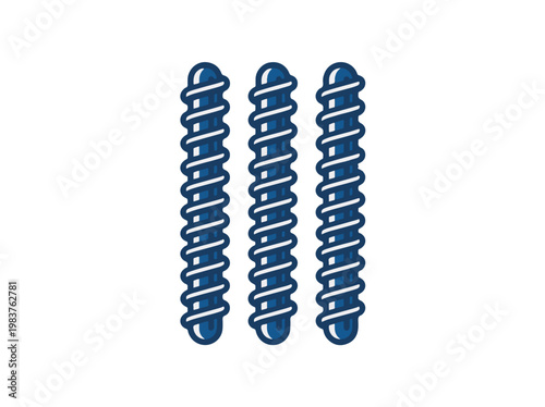 Three blue, ridged, cylindrical objects lined up vertically against a white background.
