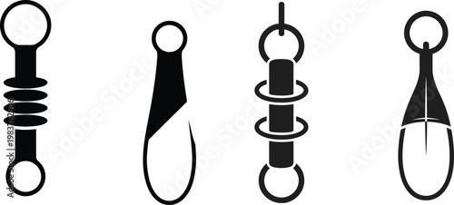Four distinct black and white depicting fishing swivels and sinkers with various shapes including ribbed cylinders teardrops and ring attachments on a plain white background