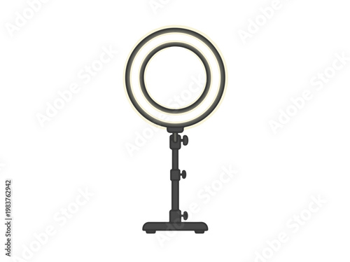 A minimalist 3D render of an illuminated LED ring light on a black desktop stand against a plain white background. The bright circular light is centered.