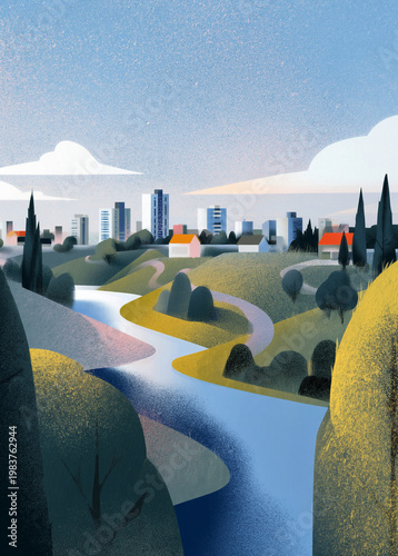 Urban development illustration combining suburban houses and a modern city skyline