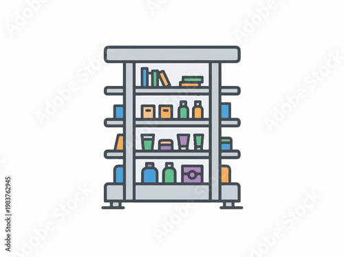 A colorful flat design icon of a double-sided shelving unit filled with various items like books, bottles, and boxes, against a white background.