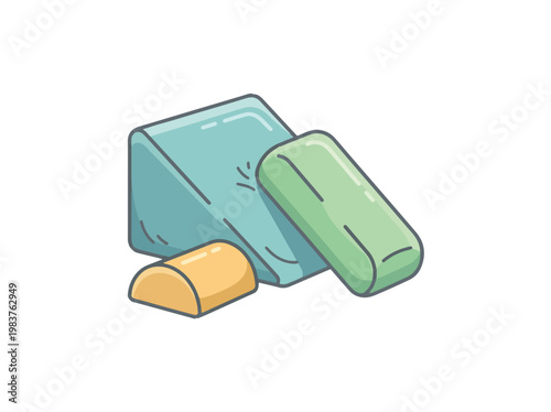 An illustration of three colorful geometric shapes: a teal wedge, a green rectangle, and a yellow half-cylinder, on a white background.