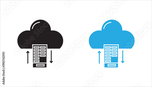 Simple outline icon showing cloud computing with data transfer arrows and server, representing cloud storage, synchronization, backup, and data exchange.