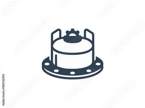 A dark blue outline icon of a cylindrical industrial component with a gear on top, handles, and a bolted flange base, set against a white background.