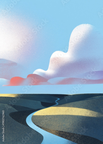Premium illustration of an empty landscape with a winding river at sunset