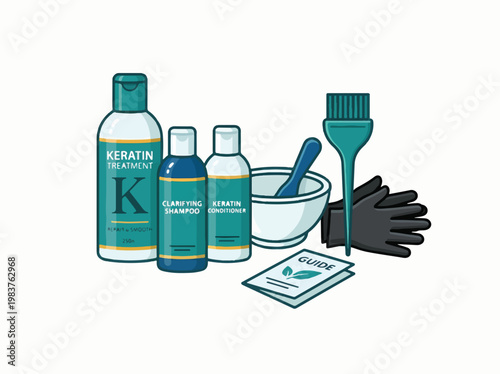 An illustration of a keratin hair treatment kit, featuring shampoo, conditioner, treatment bottles, mixing bowl, brush, gloves, and an instruction guide.