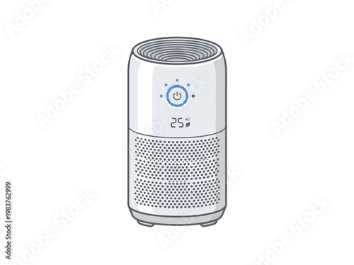 An illustration of a white cylindrical air purifier with a blue illuminated control panel showing a power button, icons, and 25 AQ reading.