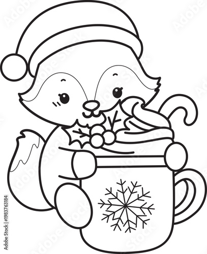 Coloring pages of Cute set of Fox sticker with activity. Outline of Fox with christmas theme