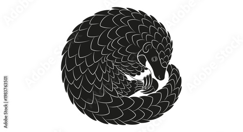 Monochromatic Illustration of a Pangolin Curled in a Protective Ball