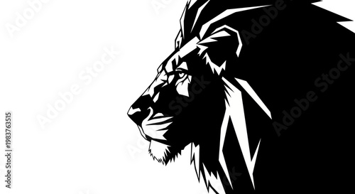 Monochromatic Lion Head Illustration with Fierce Gaze and Stylized Mane