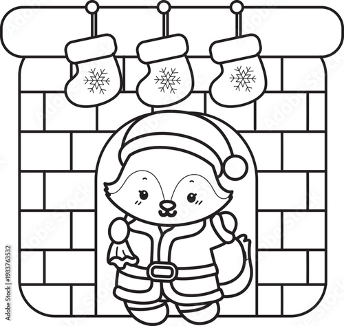 Coloring pages of Cute set of Fox sticker with activity. Outline of Fox with christmas theme