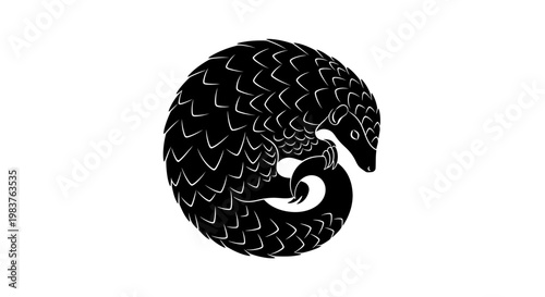 Pangolin Silhouette Rolled Up in Protective Ball, Black and White Iconic Animal Art