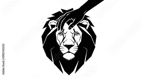 Person's Hand Gently Petting Majestic Lion Head with Geometric Style