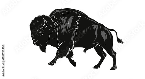Powerful Black Bison Silhouette Illustration in Dynamic Pose