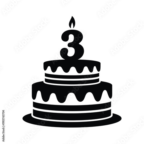 A simple black and white illustration of a three tiered birthday cake with a number