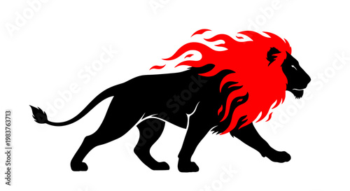 Powerful Lion with Fiery Red Mane in Silhouette Style