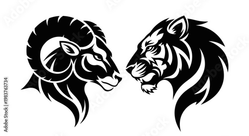 Ram and Tiger Heads Facing Off in Stylized Black and White