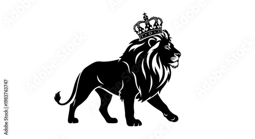 Regal Black Lion Walking Proudly With Crown Symbolizing Royalty and Power