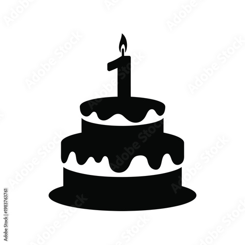 A simple black and white illustration of a birthday cake with one candle