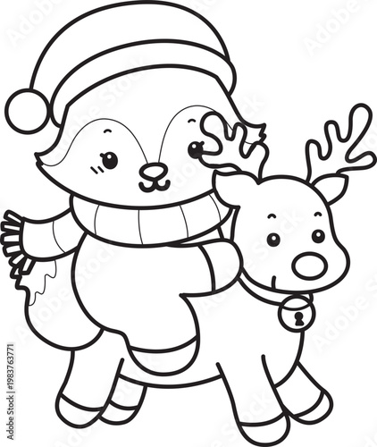 Coloring pages of Cute set of Fox sticker with activity. Outline of Fox with christmas theme