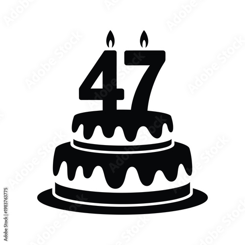 A black silhouette of a birthday cake with lit candles forming 47