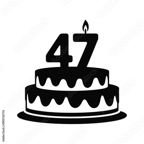 A black and white illustration of a birthday cake with the number 47