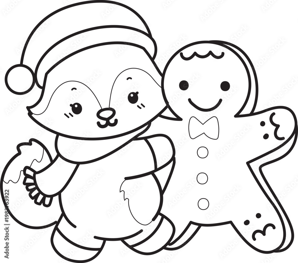 Obraz premium Coloring pages of Cute set of Fox sticker with activity. Outline of Fox with christmas theme