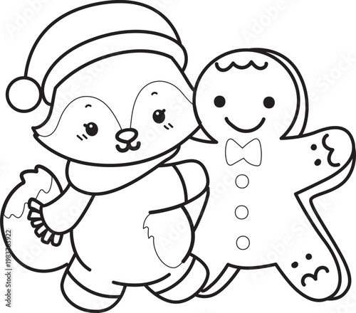 Coloring pages of Cute set of Fox sticker with activity. Outline of Fox with christmas theme