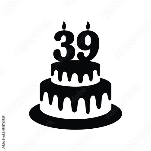 A black and white illustration of a birthday cake with the number 39